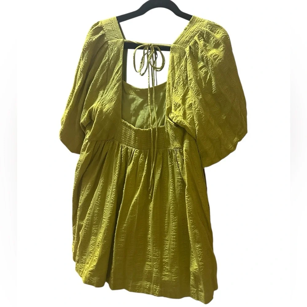 Free People Gigi Blouson Puff Sleeve Tunic Dress Medium Chartreuse Boho Pockets - Picture 8 of 12